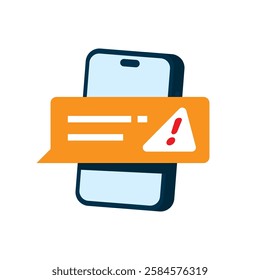 Flat illustration of smartphone screen with a chat bubble and exclamation mark, representing a warning message, security alert for unusual account activity