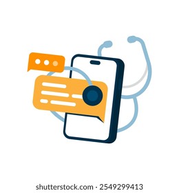 Ilustração plana de tela de smartphone exibindo interface do usuário de bate-papo com estetoscópio, consultoria de saúde on-line. para telemedicina, consultas médicas virtuais, aconselhamento médico on-line e serviços de saúde digitais
