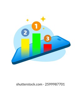Flat illustration of a smartphone screen displaying a ranking system. representing gamification features, leaderboard rank, achievement systems, and user engagement in mobile applications
