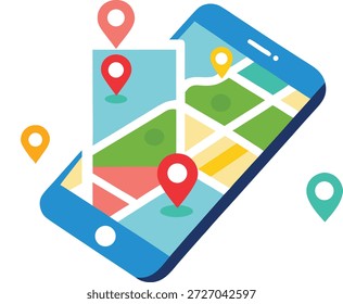 Ilustración plana de una pantalla de teléfono inteligente que muestra un mapa digital con coloridos marcadores de pin de ubicación para la navegación GPS.