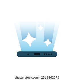 Flat illustration of a smartphone screen emitting bright rays with sparkle icons. new feature or update in a mobile application. for app promotions, update announcements, and tech related designs