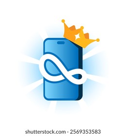 Flat illustration of smartphone screen featuring an infinity symbol and a crown. unlimited premium features with lifetime access on a mobile application. for app UI, banners, or promotional materials