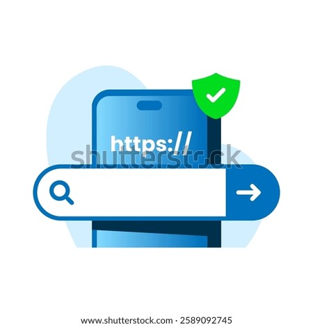 Flat illustration of a smartphone with a search engine bar, HTTPS lock icon, and a shield, representing secure website browsing, online security, and the importance of visiting protected sites