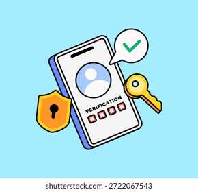 Ilustración plana de un teléfono inteligente que muestra la verificación del usuario con Contraseña, escudo, llave e íconos de marca de verificación. Representa el Inicio de sesión seguro, la autenticación, la protección de la privacidad y los conceptos de ciberseguridad.