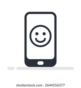 Flat illustration of a smartphone with a smiley face symbol on the screen, ideal for emotional wellness, mental health, or positive user experience apps.