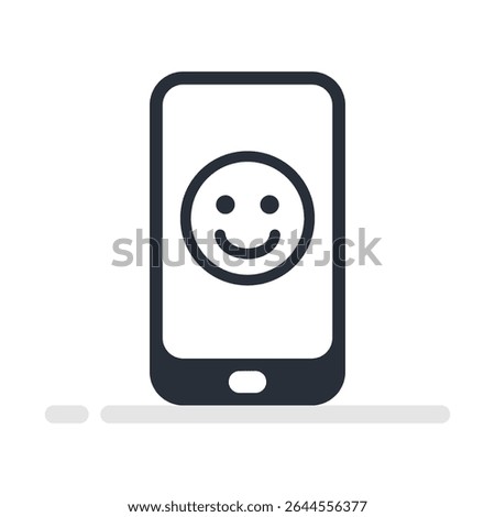 Flat illustration of a smartphone with a smiley face symbol on the screen, ideal for emotional wellness, mental health, or positive user experience apps.