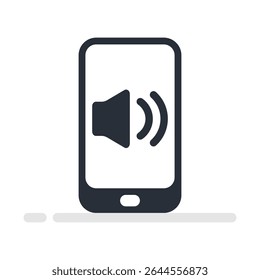 Ilustração plana de smartphone com ícone de alto-falante, ideal para representar funções de áudio, controle de volume ou reprodução multimídia.