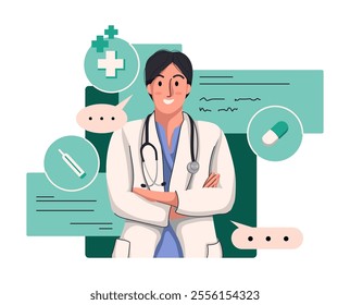 Flat illustration of smiling doctors, paramedics and nurses isolated on white background. Portraits of male and female medic workers in uniform with stethoscopes.