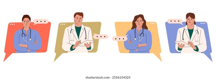 Flat illustration of smiling doctors, paramedics and nurses isolated on white background. Portraits of male and female medic workers in uniform with stethoscopes.