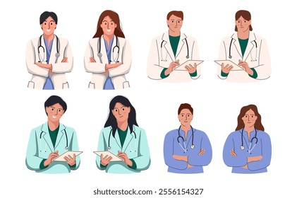 Flat illustration of smiling doctors, paramedics and nurses isolated on white background. Portraits of male and female medic workers in uniform with stethoscopes.