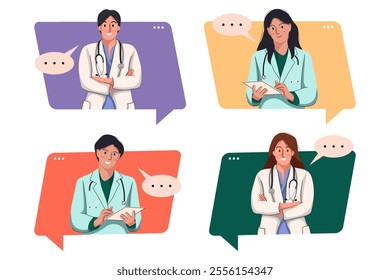 Flat illustration of smiling doctors, paramedics and nurses isolated on white background. Portraits of male and female medic workers in uniform with stethoscopes.