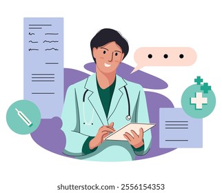 Flat illustration of smiling doctors, paramedics and nurses isolated on white background. Portraits of male and female medic workers in uniform with stethoscopes.