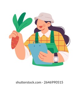 Flat illustration of smiling female farmer holding freshly carrots and clipboard to recording harvest data, symbolizing modern farming and crop reporting. Isolated on white background