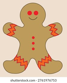 A flat illustration of a smiling gingerbread man character with red eyes, red buttons, and orange zigzag icing patterns on the arms and legs. A simple festive design for holiday greeting cards and posters
