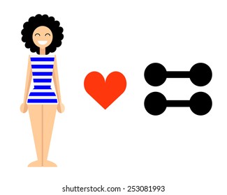 Flat illustration of smiling girl in vintage blue striped tights, dumbbell icons and red heart.