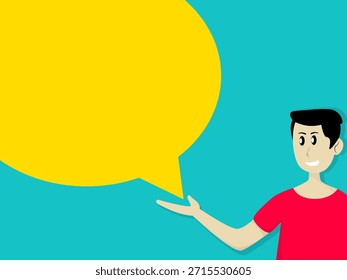 Ilustración plana de un hombre sonriente que apunta a la burbuja vacía del discurso. Concepto de comunicación, presentación, diálogo, mensaje de marketing, educación y contenido de redes sociales.