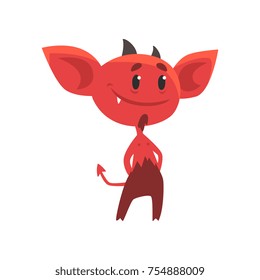 Flat illustration of smiling red devil standing with arms akimbo. Fictional monster character with horns, tail and big ears from hell