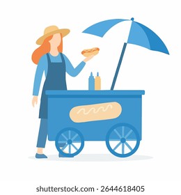 Flat Illustration of Smiling Woman Seller with Hotdog Cart Business