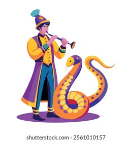 A flat illustration of a snake charmer playing flute in front of a snake 

