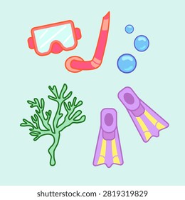 Flat illustration of snorkeling gear including diving mask, snorkel, swim fins, coral reef, and bubbles on isolated background. Ideal for summer travel and ocean designs.