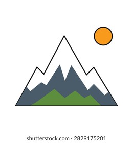 Flat illustration of snow capped mountain peaks with green foothills and orange sun representing nature, hiking and outdoor adventure. Not AI-generated.