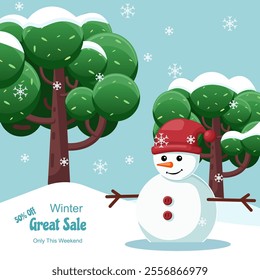 Flat illustration snowman and tree with snowfall, winter great sale