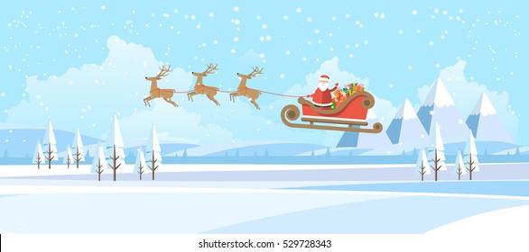 Flat Illustration of Snowy Landscape with Santa Claus. Vector Design.
