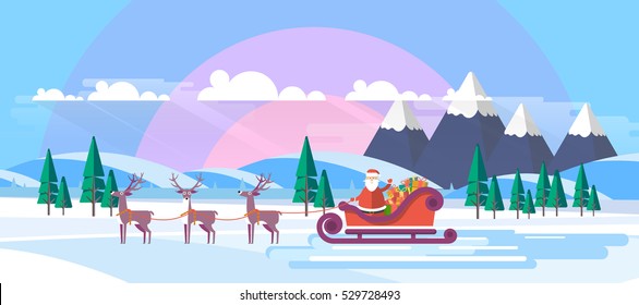 Flat Illustration of Snowy Landscape with Santa Claus. Vector Design.
