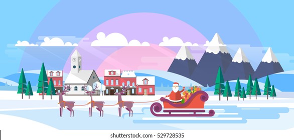 Flat Illustration of Snowy Landscape with Santa Claus. Vector Design.