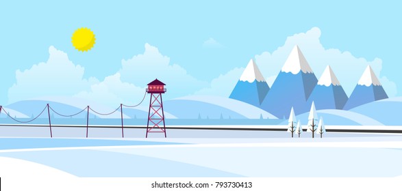 Flat Illustration of Snowy Vector Landscape with Fire Lookout Tower.