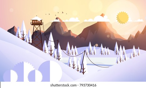 Flat Illustration of Snowy Vector Landscape with Fire Lookout Tower.