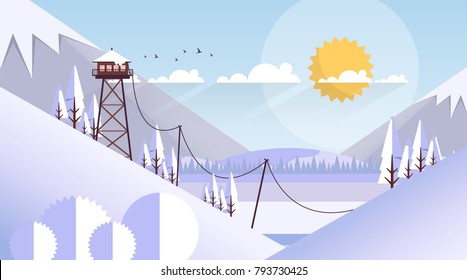 Flat Illustration of Snowy Vector Landscape with Fire Lookout Tower.