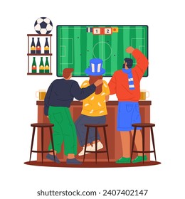 Flat illustration of soccer fans in bar. Vector image of football party in pub. Interior view of people cheer for team on screen with beer or alcohol. Tv game and sport match watch. Leisure