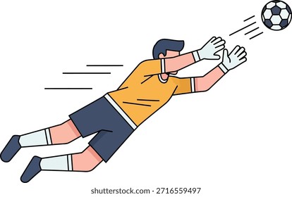 Una ilustración plana de un portero de fútbol buceando horizontalmente para atrapar o bloquear un balón de fútbol en el aire, mostrando una acción deportiva dinámica.