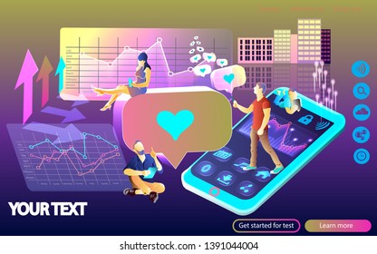 Flat illustration of social feedback concept with blue heart symbol and young people who are using mobile gadgets such as tablet and smartphone for networking and collecting likes and comments