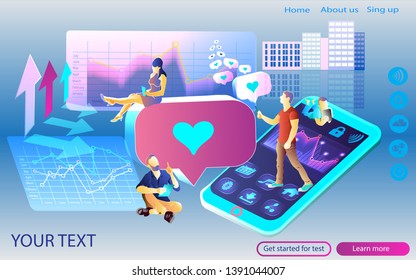 Flat illustration of social feedback concept with blue heart symbol and young people who are using mobile gadgets such as tablet and smartphone for networking and collecting likes and comments