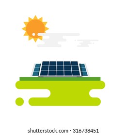 Flat illustration of solar panels for energy with panel, sun and clouds. Flat style vector with blank background.