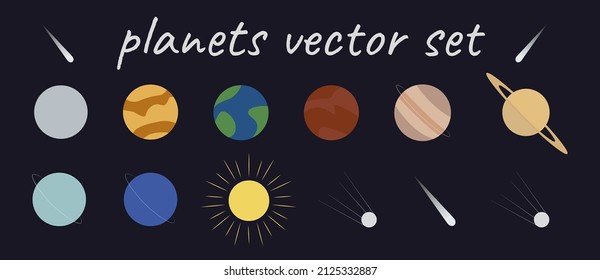 Flat illustration of Solar system planets (Mercury, Venus, Earth, Mars, Jupiter, Saturn Uranus, and Neptune), Sun, satellites and comets