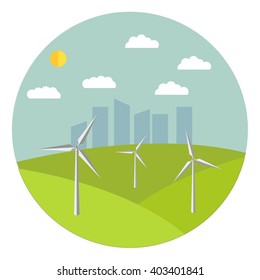 Flat  illustration with solar wind generators in the afternoon