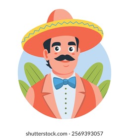 A flat illustration of a sombrero character 