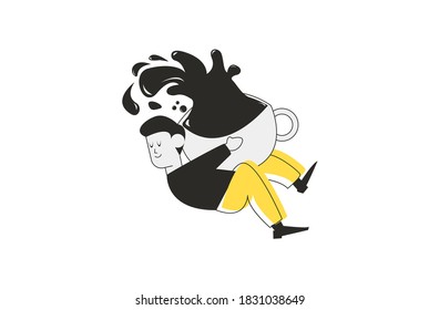 flat illustration of someone hugging a coffee cup, coffee cup, mug, someone enjoying his coffee