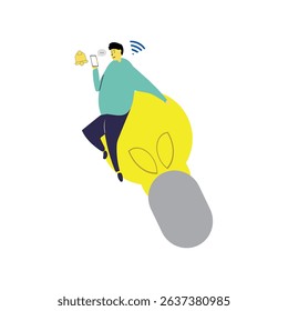 flat illustration of someone sitting playing with a cellphone on a giant lightbulb,knowledgeforall,vector eps 10