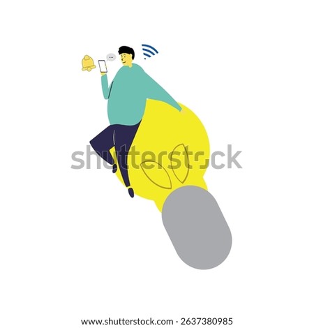 flat illustration of someone sitting playing with a cellphone on a giant lightbulb,knowledgeforall,vector eps 10