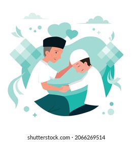 Flat Illustration of son apologizes to his father on Eid al-Fitr. Sungkem traditions in Java, Indonesia