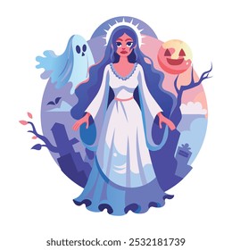 A flat illustration of spooky witch with ghost and moon mascot