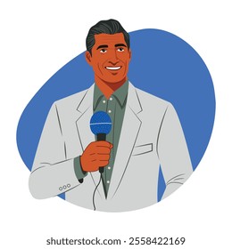 A flat illustration of a sports commentator 