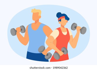 Flat illustration of a sporty couple. A Man and a woman lift dumbbells on their both hands as strength training workout