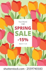 Flat illustration of spring sale design with yellow, pink, and red tulips on a green field and a whiteboard with 'SPRING SALE' text, editable space for logo, date, and info – perfect for Easter period