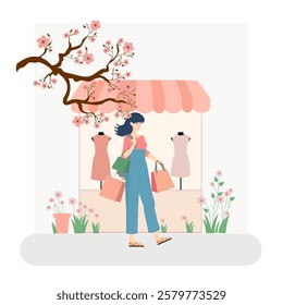 flat illustration spring shopping girl walking with purchases from the store