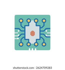 Flat illustration of a square circuit board with blue lines and yellow dots, clean and simple design.